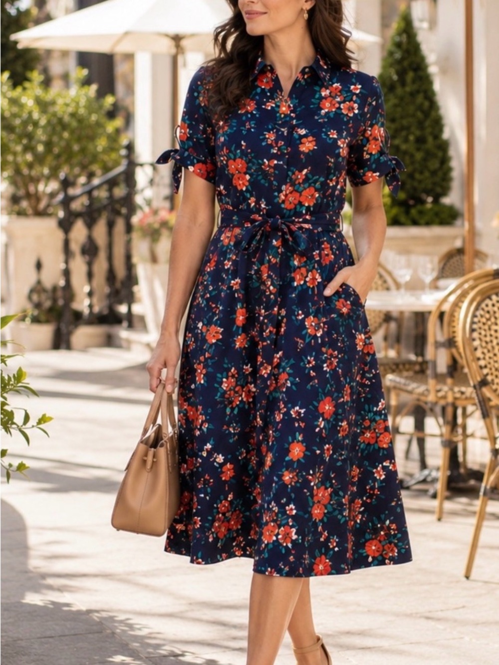 NWT Calvin Klein Floral Navy Midi Shirtdress Dress 10